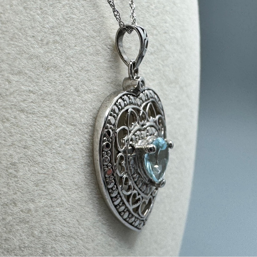 10K WG/925 Filigree Blue Topaz Heart Pendant Necklace - Picture 4 of 16